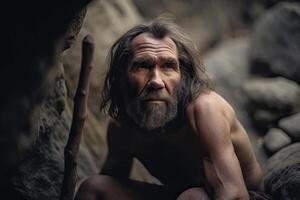 Prehistoric neanderthal man in cave. photo