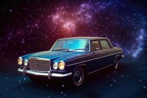 Futuristic retro car in space galaxy background. photo