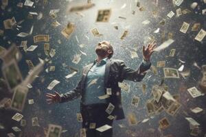 Happy man with a lot of falling dollar banknotes. photo