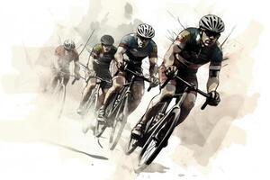 Cyclists team riding on bicycles, color drawing. Bike race banner. photo