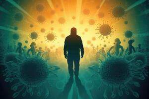 Different shapes bacterias and virus cells near person silhouette. photo