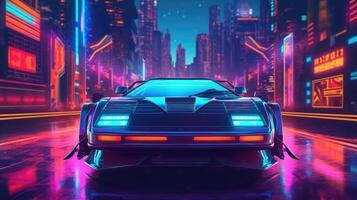 futurista deporte coche con neón luces a cyberpunk ciudad calle. generativo ai foto