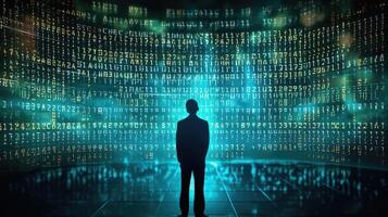 Human silhouette in digital world with binary code. photo