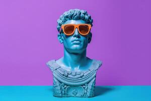 Gypsum statue in sunglasses on colored abstract background. photo