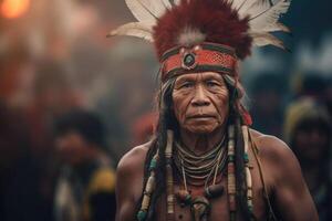 Portrait of indigenous tribe man. Native american people. Generative AI photo