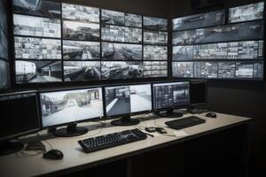 Workplace with surveillance camera monitors. Security office. photo