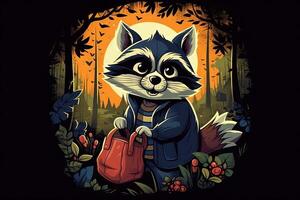 Mischievous - looking raccoon, wearing a striped shirt and a burglar mask, holding a bag of stolen jewels cartoon style illustration photo