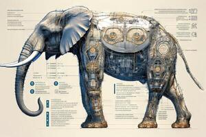 elefante cyborg animal detallado infografía, lleno detalles anatomía póster diagrama ilustración generativo ai foto