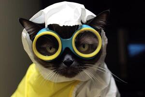 black and white tuxedo cat, dressed in a yellow hazmat suit and wearing a pair of blue goggles over its eyes. Cat as Breaking bad character illustration photo