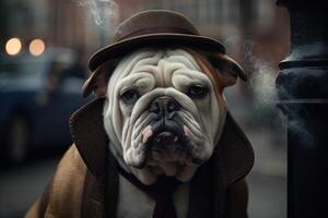 Stoic - looking bulldog, wearing a bowler hat and a three - piece suit, holding a cane and standing on a foggy London street corner illustration photo