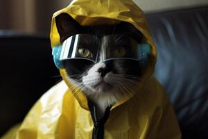 black and white tuxedo cat, dressed in a yellow hazmat suit and wearing a pair of blue goggles over its eyes. Cat as Breaking bad character illustration photo