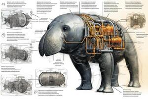 elefante sello cyborg animal detallado infografía, lleno detalles anatomía póster diagrama ilustración generativo ai foto