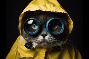 black and white tuxedo cat, dressed in a yellow hazmat suit and wearing a pair of blue goggles over its eyes. Cat as Breaking bad character illustration photo