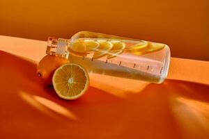 Glass water bottle with lemon. photo