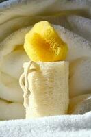 Loofah washcloth and organic sea sponge on the background of towel. photo