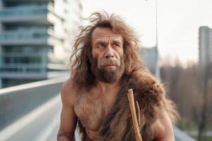 Portrait of prehistoric man at city street in present time. photo