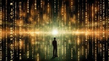 Human silhouette in digital world with binary code. photo