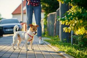 Dog walks at summer city street photo