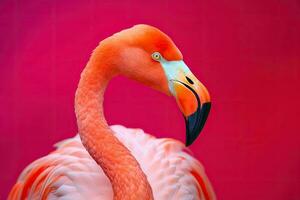 Close up portrait of flamingo bird on pastel colored background. Generative AI photo