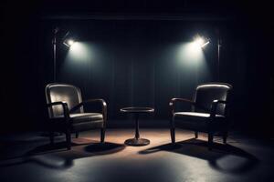 Podcast room interior with two empty chairs and spotlights. photo