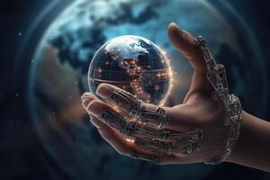 Robot hand holds planet globe. photo