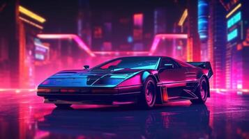 Futuristic sport car with neon lights at cyberpunk city street. photo