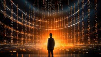 Human silhouette in digital world with binary code. photo