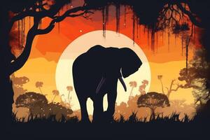 Silhouette of african animals. Elephant at sunset near trees. photo