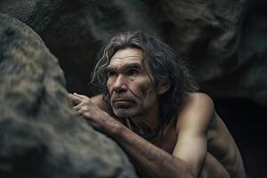 Prehistoric neanderthal man in cave. Generative AI photo