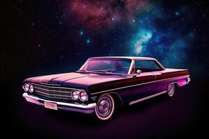 Futuristic retro car in space galaxy background. photo