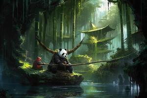 hidden pirate cove nestled within a mystical bamboo forest, stealthy panda buccaneers, killed in martial arts and the art animal pirate illustration photo