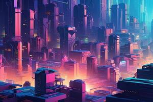 cyberpunk cityscape of the future Empty street with neon lights. Beautiful night cityscape. Grunge urban landscape. illustration photo