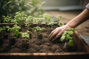 Work in garden. Transplanting seedlings. photo