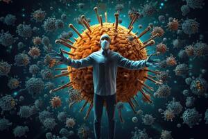 Person in medical mask near virus cells. photo