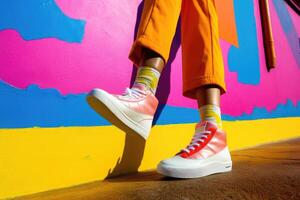 Stylish sneakers on colorful background. Fashion style. photo