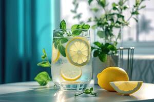 vaso de agua con limón y menta. refresco beber. generativo ai foto