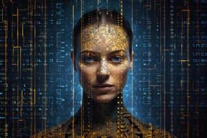 Female face against binary code. Artificial intelligence concept. photo