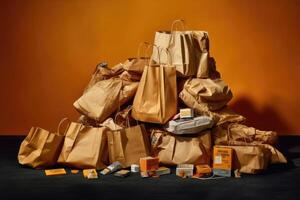 Pile of colorful shopping bags. Over consumption and shopaholism. photo