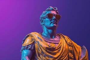 Gypsum statue in sunglasses on colored abstract background. photo