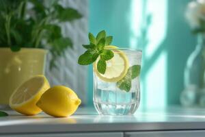 Glass of water with lemon and mint. Refreshment drink. photo
