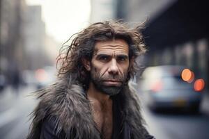 retrato de prehistórico hombre a ciudad calle en presente tiempo. generativo ai foto