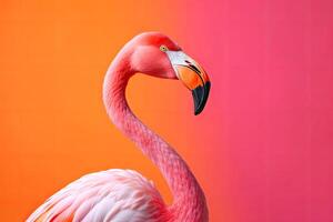 Close up portrait of flamingo bird on pastel colored background. photo