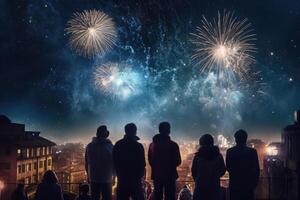 People silhouettes looking at colorful firework at night sky. photo