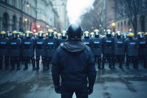 Police squad wearing uniform on the city street. photo