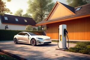 Electric car at charging station near luxury house. Generative AI photo