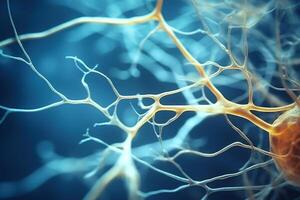 neurona células con brillante conexiones en resumen antecedentes. generativo ai foto