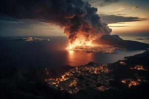 Santorini Volcanic eruption on island illustration photo