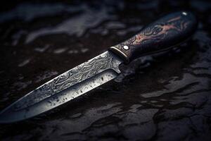 Handmade beautiful hunting knife with a sharp gray blade on a dark concrete background illustration photo