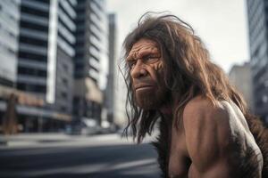 retrato de prehistórico hombre a ciudad calle en presente tiempo. generativo ai foto