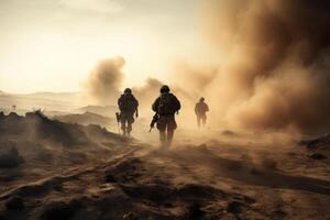 Ejército soldados a guerra en desierto. generativo ai foto